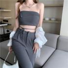 Set: Strapless Crop Top + High-waist Straight-cut Pants / Drawstring Hem Blouse