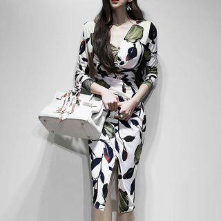 Printed Long-sleeve Midi Sheath Dress
