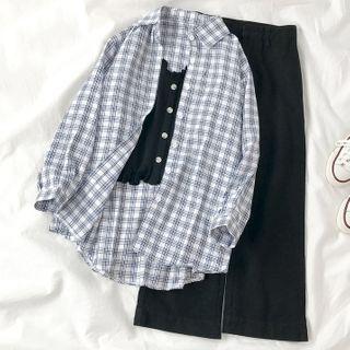Plaid Shirt / High-waist Jeans / Ruffled Buttoned Knit Camisole Top