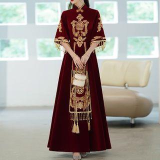 Traditional Chinese Elbow-sleeve Sequined Fringed Maxi A-line Evening Dress