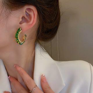 Faux Gemstone Alloy Open Hoop Earring 1 Pair - Gold & Green - One Size
