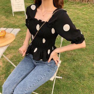Square Neck Ruffle Dotted Puff-sleeve Blouse