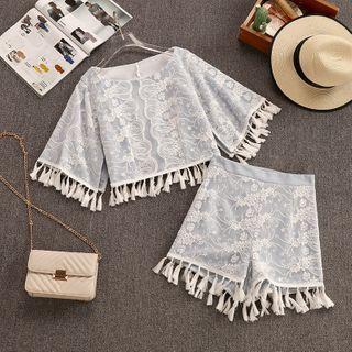 Set: Fringed Trim Lace Short-sleeve Blouse + Shorts
