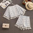 Set: Fringed Trim Lace Short-sleeve Blouse + Shorts