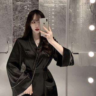 Glittered Long-sleeve Loose-fit Shirt Black - One Size