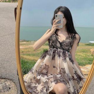 Spaghetti Strap A-line Lace Dress Almond & Black - One Size