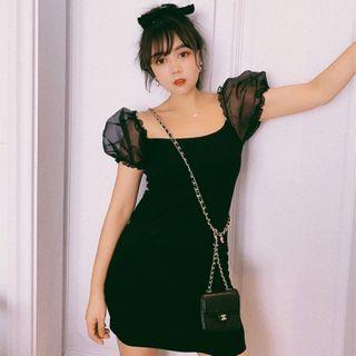Mesh Puff Sleeve Square Neck Sheath Dress