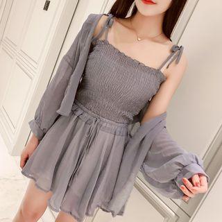 Set: Smocked Camisole + Wide Leg Shorts + Long-sleeve Chiffon Blouse