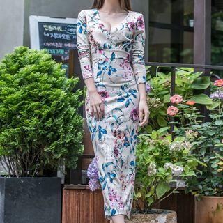 3/4-sleeve Floral Midi Bodycon Dress
