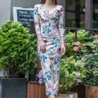 3/4-sleeve Floral Midi Bodycon Dress