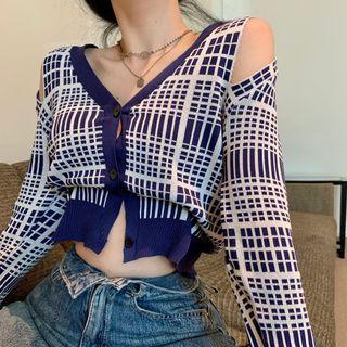 Cold-shoulder Plaid Cropped Cardigan