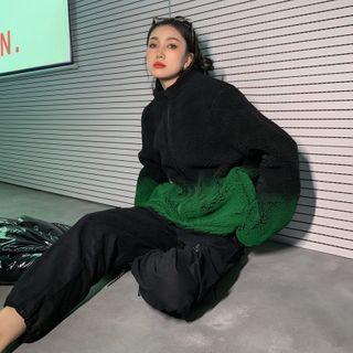 Plain Faux-shearling Long-sleeve Jacket Black - One Size