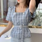 Plaid Short-sleeve Square-neck Tie-waist Blouse