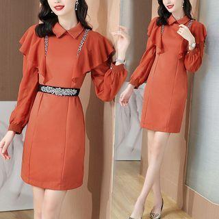 Puff-sleeve Lace Trim Ruffled Sheath Dress
