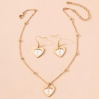 Set: Feet Print Heart Pendant Necklace + Dangle Earring Necklace - Gold - One Size / Earring - 1 Pair - Gold - One Size