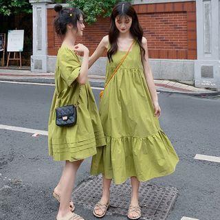Spaghetti-strap Midi A-line Dress / Elbow-sleeve Mini A-line Dress
