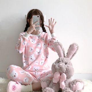 Loungewear Set: Bear Print Coral Fleece Top + Pants