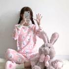 Loungewear Set: Bear Print Coral Fleece Top + Pants