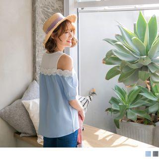 Cold Shoulder Lace Trim Plaid Panel Top