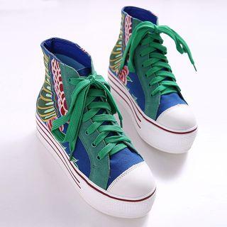Canvas Embroidered High-top Platform Hidden Wedge Sneakers