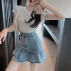 Short-sleeve T-shirt / Mini A-line Denim Skirt