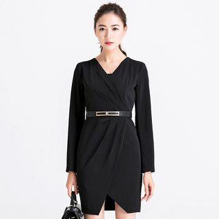 Long-sleeve Surplice Neck Sheath Dress