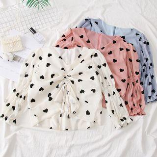 Heart-print Drawstring Chiffon Top