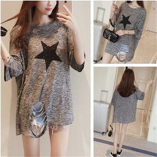 Elbow-sleeve Star Print Ripped T-shirt