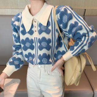 Polo Long-sleeve Flower Printed Knit Sweater