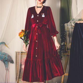 Rabbit Embroidered V-neck Velvet Dress