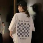 Elbow-sleeve Chessboard Print Shirt