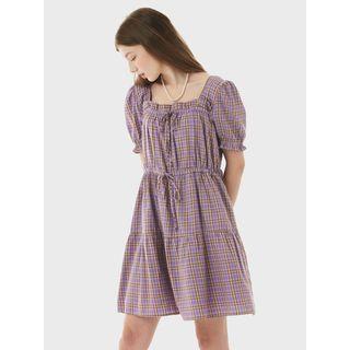 Square-neck Beribboned Plaid Dress Lavender - One Size
