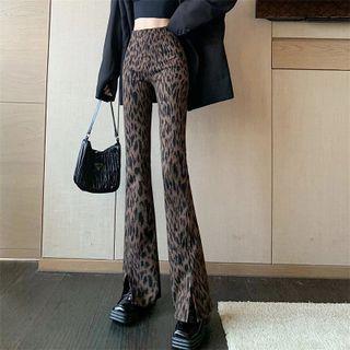 Leopard-print Slit-hem Boot-cut Pants
