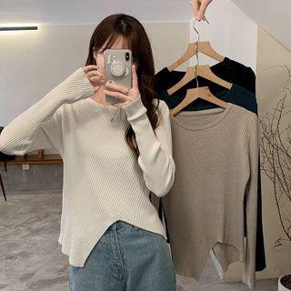 Long-sleeve Asymmetrical Ribbed Knit Top