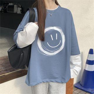 Long-sleeve Mock Two-piece Smiley Face Print T-shirt