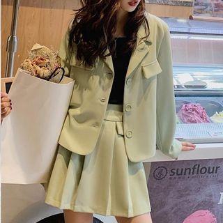 Set: Plain Single-breasted Blazer + Mini Pleated Skirt