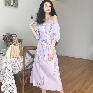 Off-shoulder Print Midi Dress With Sash