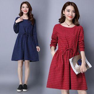 Long-sleeve Drawstring Dotted Dress