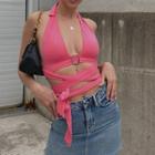 Halter-neck Cutout Crop Top Pink - One Size