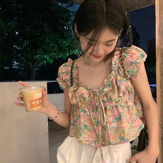 Short-sleeve Floral Cropped Blouse Green & Pink - One Size