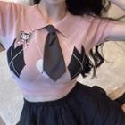 Short-sleeve Collar Argyle Knit Top / Ruffle Mini A-line Skirt
