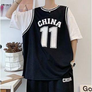 Mock Two-piece Short-sleeve Print Top