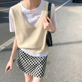 V-neck Plain Vest / Round-neck Plain Oversize Top