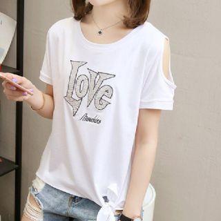 Short-sleeve Cold Shoulder Lettering Print T-shirt