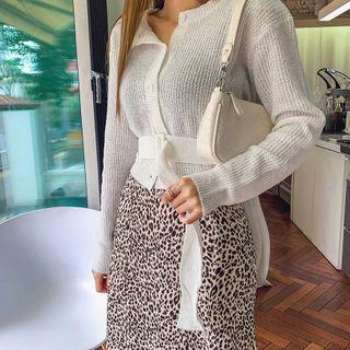 Belted Rib-knit Cropped Cardigan