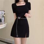 Set: Butterfly Waist Chain + Short-sleeve Side-slit Mini Sheath Dress