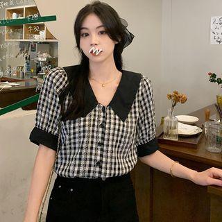 Short-sleeve Polo-neck Plaid Top