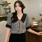 Short-sleeve Polo-neck Plaid Top