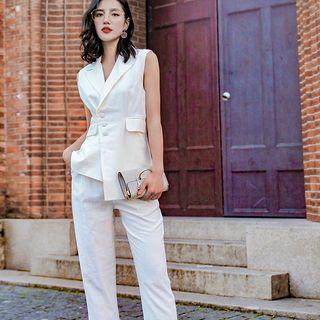 Set: Asymmetrical Button-up Vest + Straight Leg Dress Pants