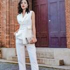 Set: Asymmetrical Button-up Vest + Straight Leg Dress Pants